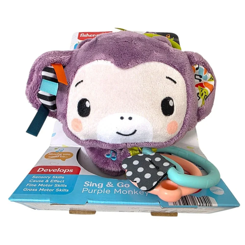 Fisher-Price Baby Stroller Toy Sing & Go Purple Monkey Musical Sensory Plush New